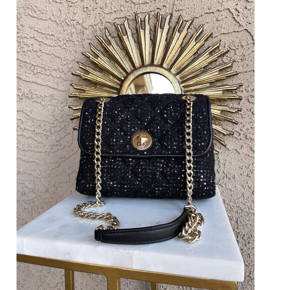 KATE SPADE Black & Gold Quilted Sequin Flap Chain Crossbody Shoulder Bag Purse - Picture 8 of 15